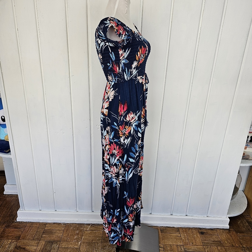 Band of Gypsies Smocked Bodice Blue Pink Floral Boho Tassel Slit Maxi Dress Med. - Picture 10 of 16